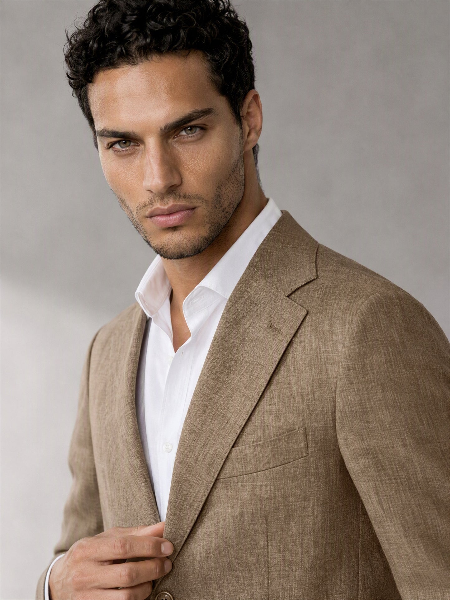 Savile camel linen suit – full-length front view, second angle