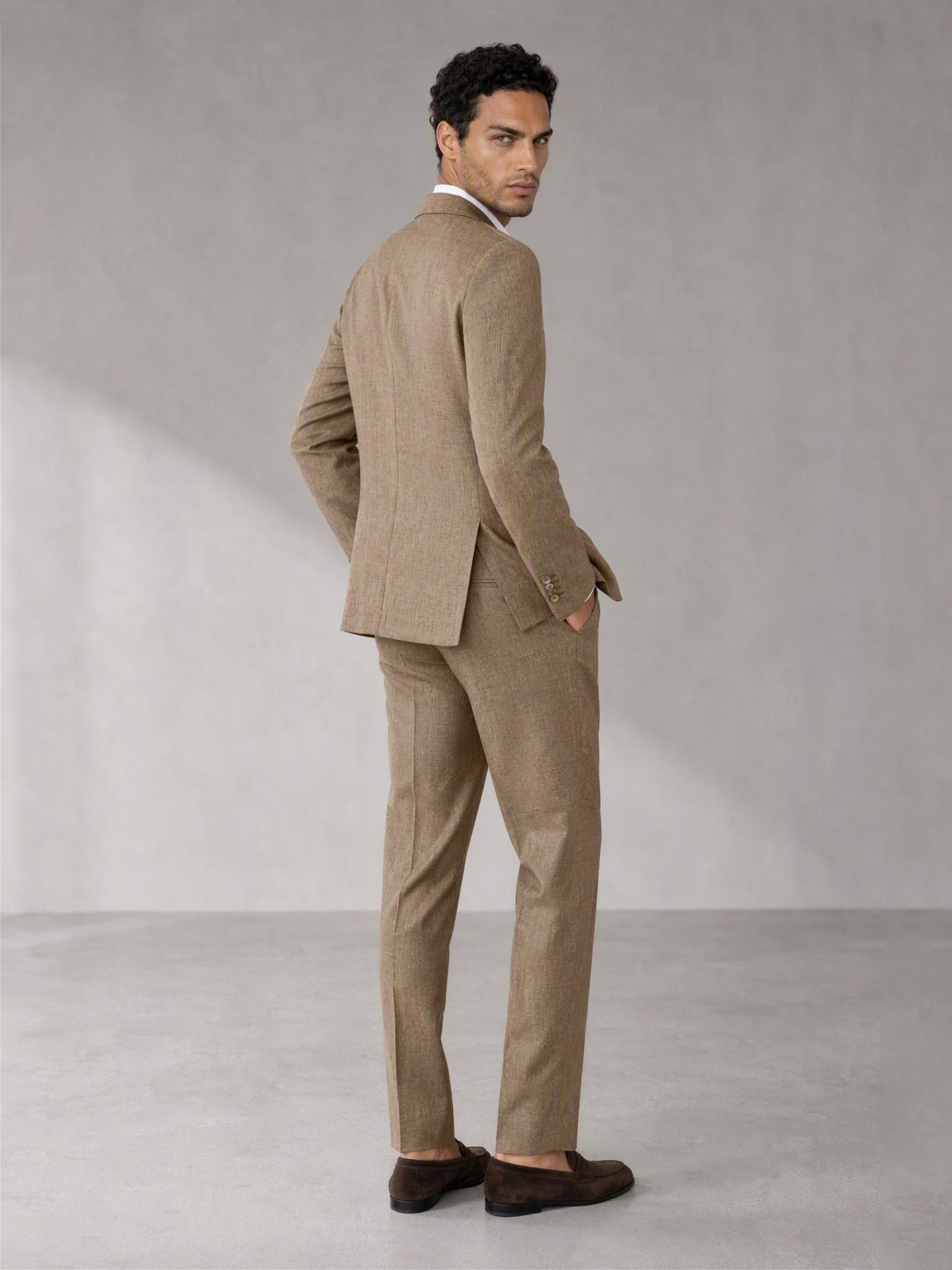 Savile camel linen suit – back view, full length