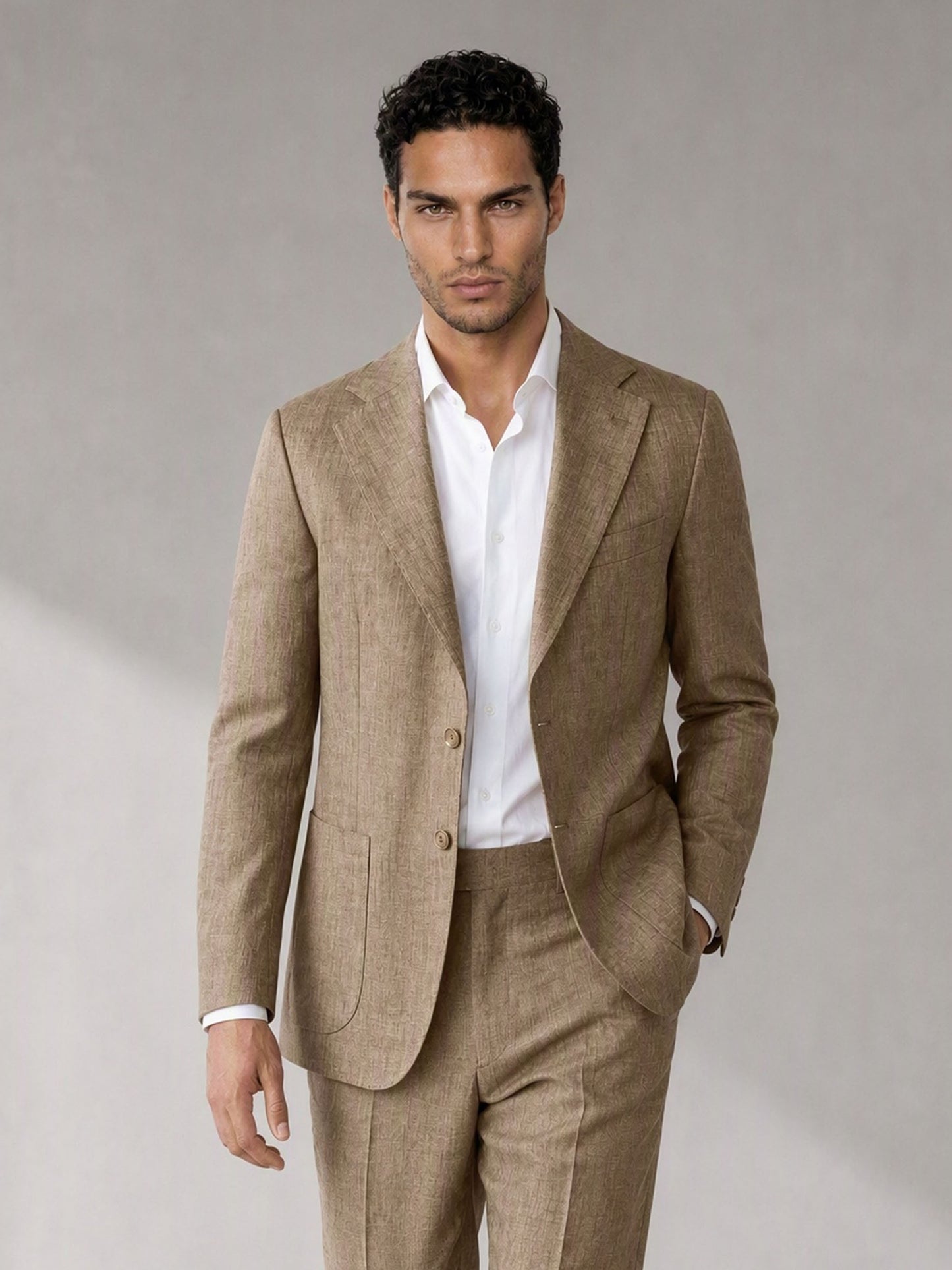 Savile men's camel linen suit – front view, jacket and trousers