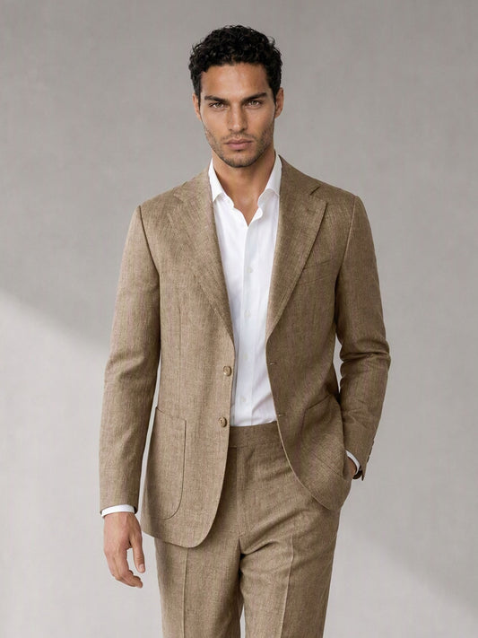 Savile men's camel linen suit – front view, jacket and trousers