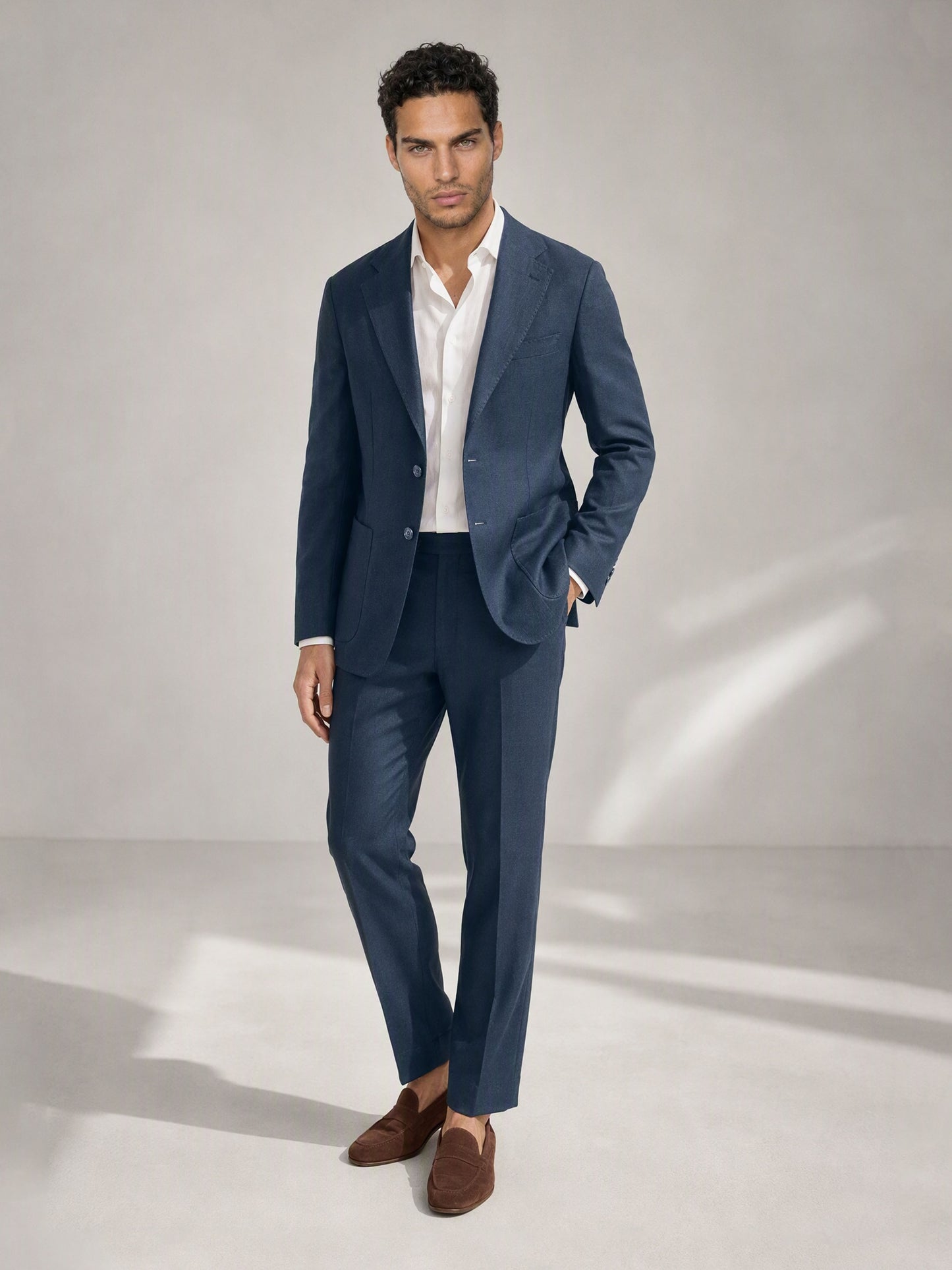 Savile men's navy linen suit – full-length front view, standing