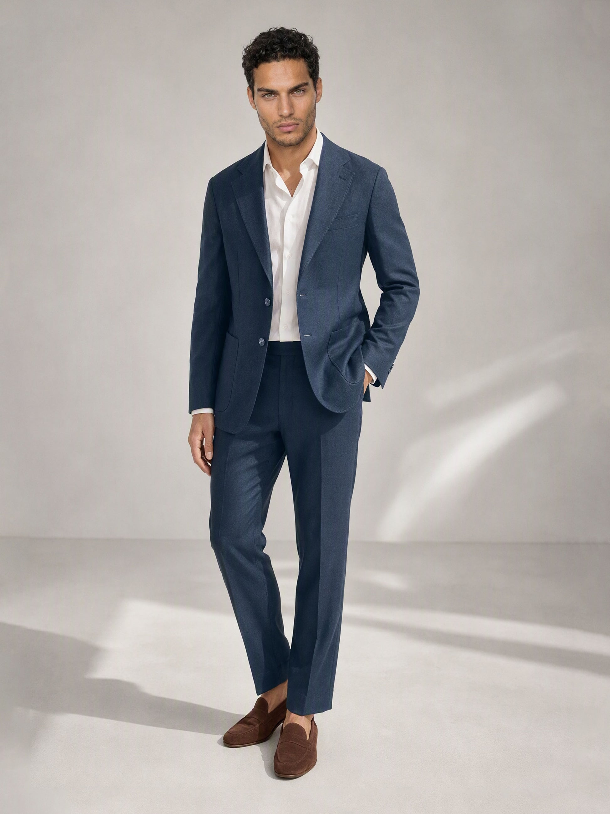 Savile men's navy linen suit – full-length front view, standing