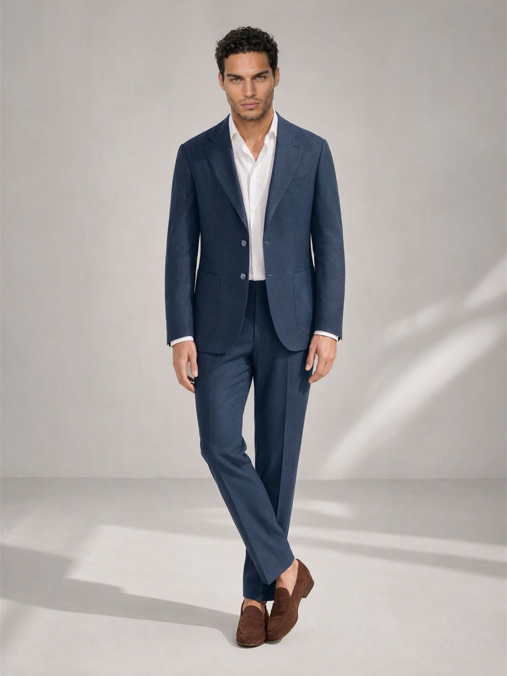Savile navy linen suit – back view, full length