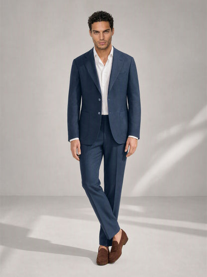 Savile navy linen suit – back view, full length