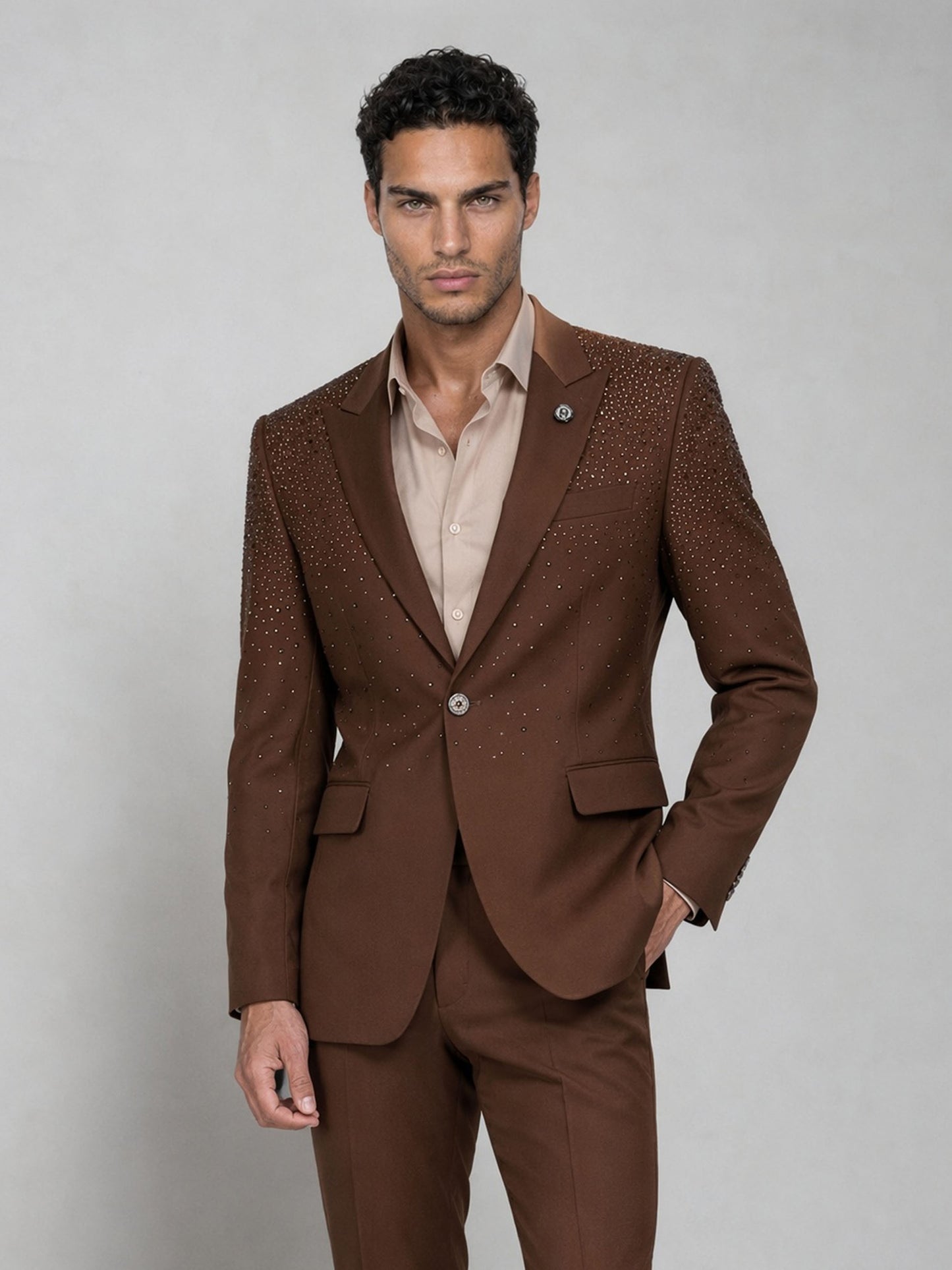 Savile brown rhinestone suit – close-up detail of crystal embellishment on lapel and shoulder
