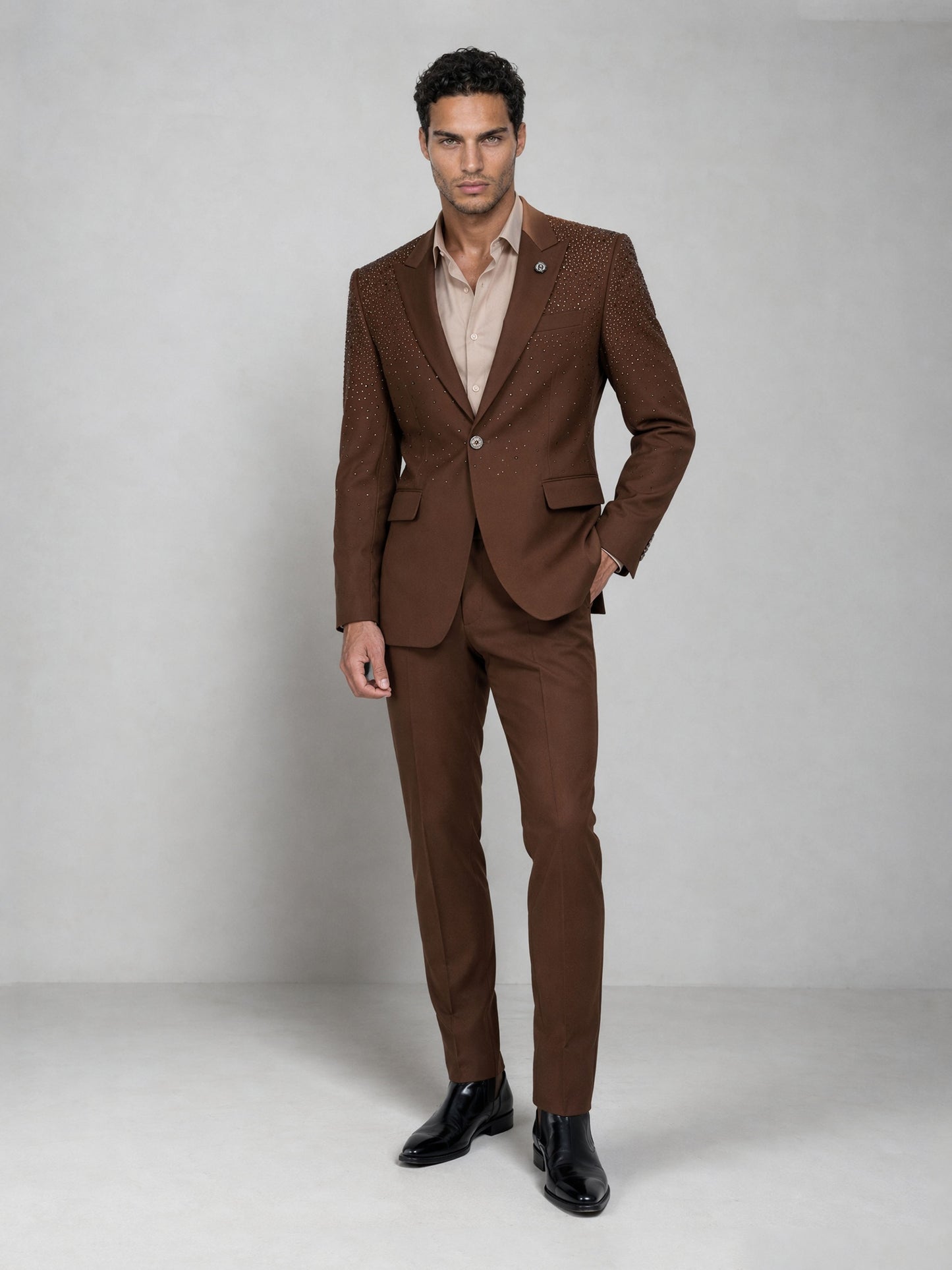 Savile brown rhinestone suit – full-length front view, standing