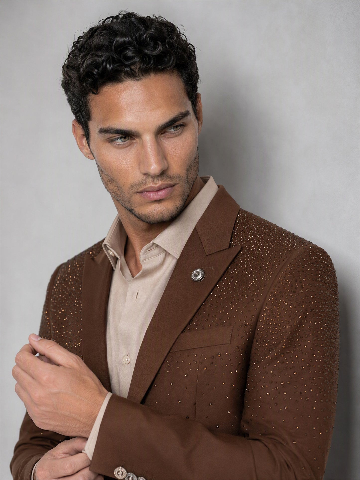 Savile brown rhinestone suit – full-length walking shot, front