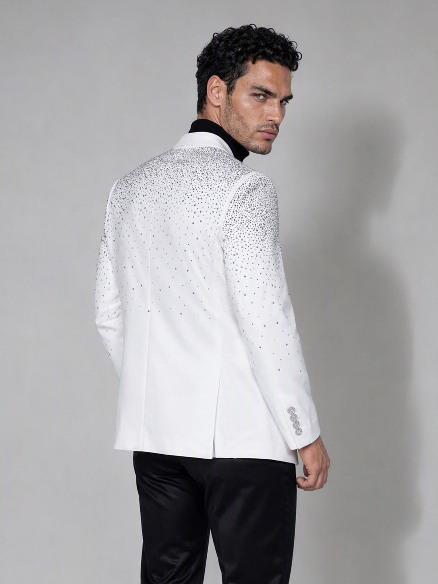 Savile white rhinestone suit – close-up front detail, crystal embellishment on lapel and shoulder