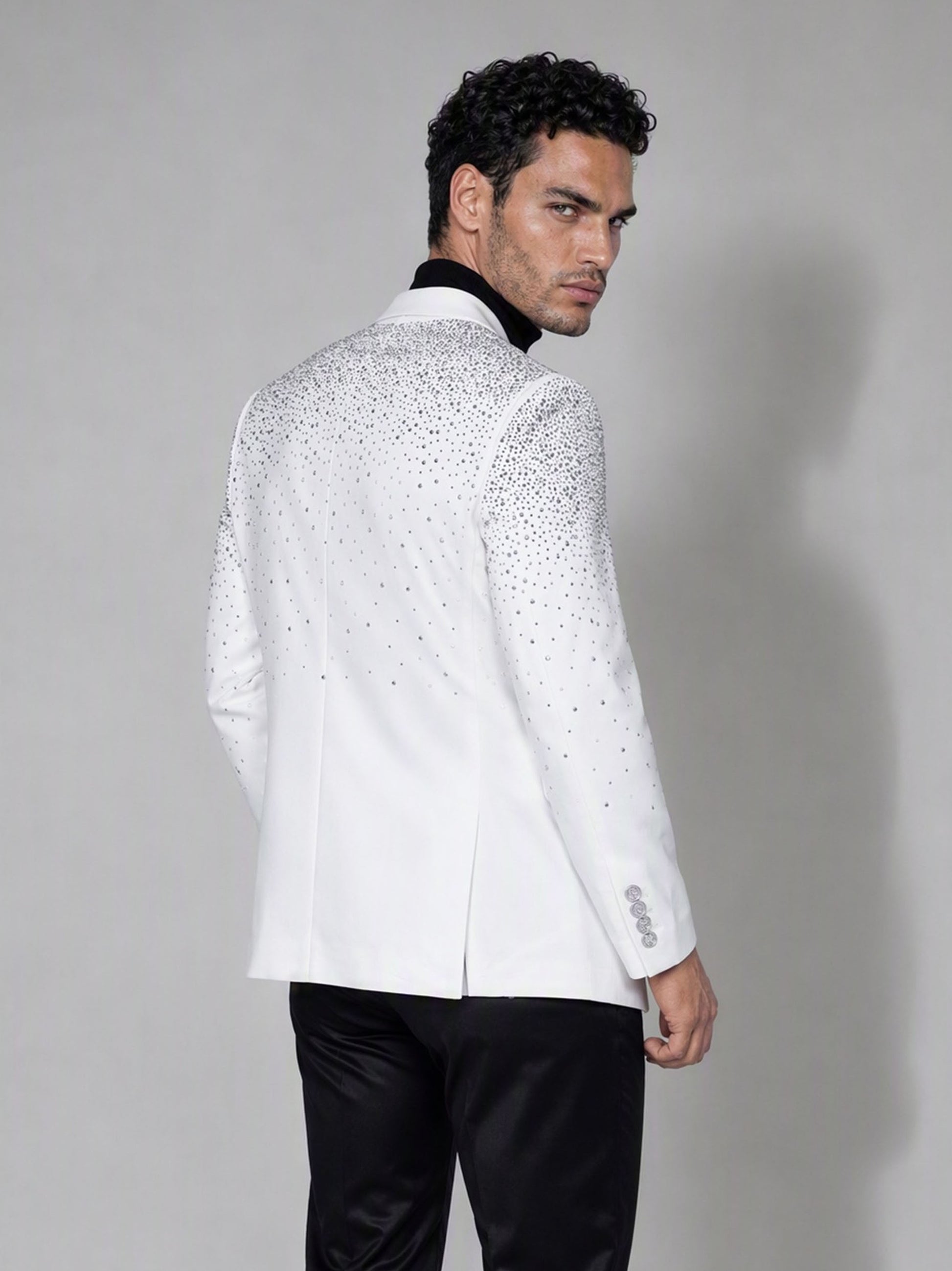 Savile white rhinestone suit – close-up front detail, crystal embellishment on lapel and shoulder