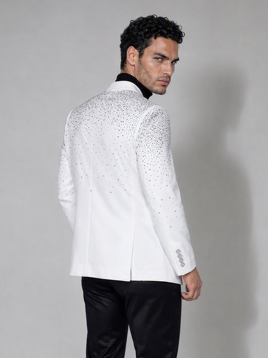 Savile white rhinestone suit – close-up front detail, crystal embellishment on lapel and shoulder