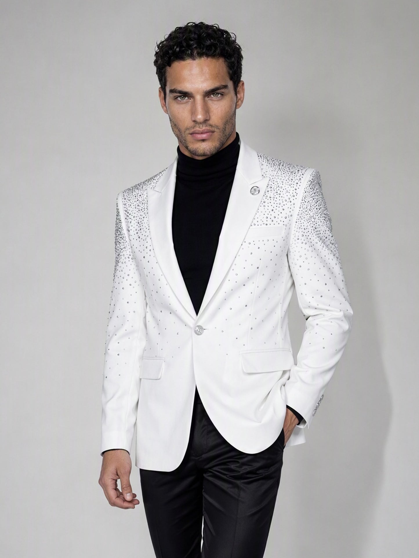 Savile white rhinestone suit – full-length front view, standing straight