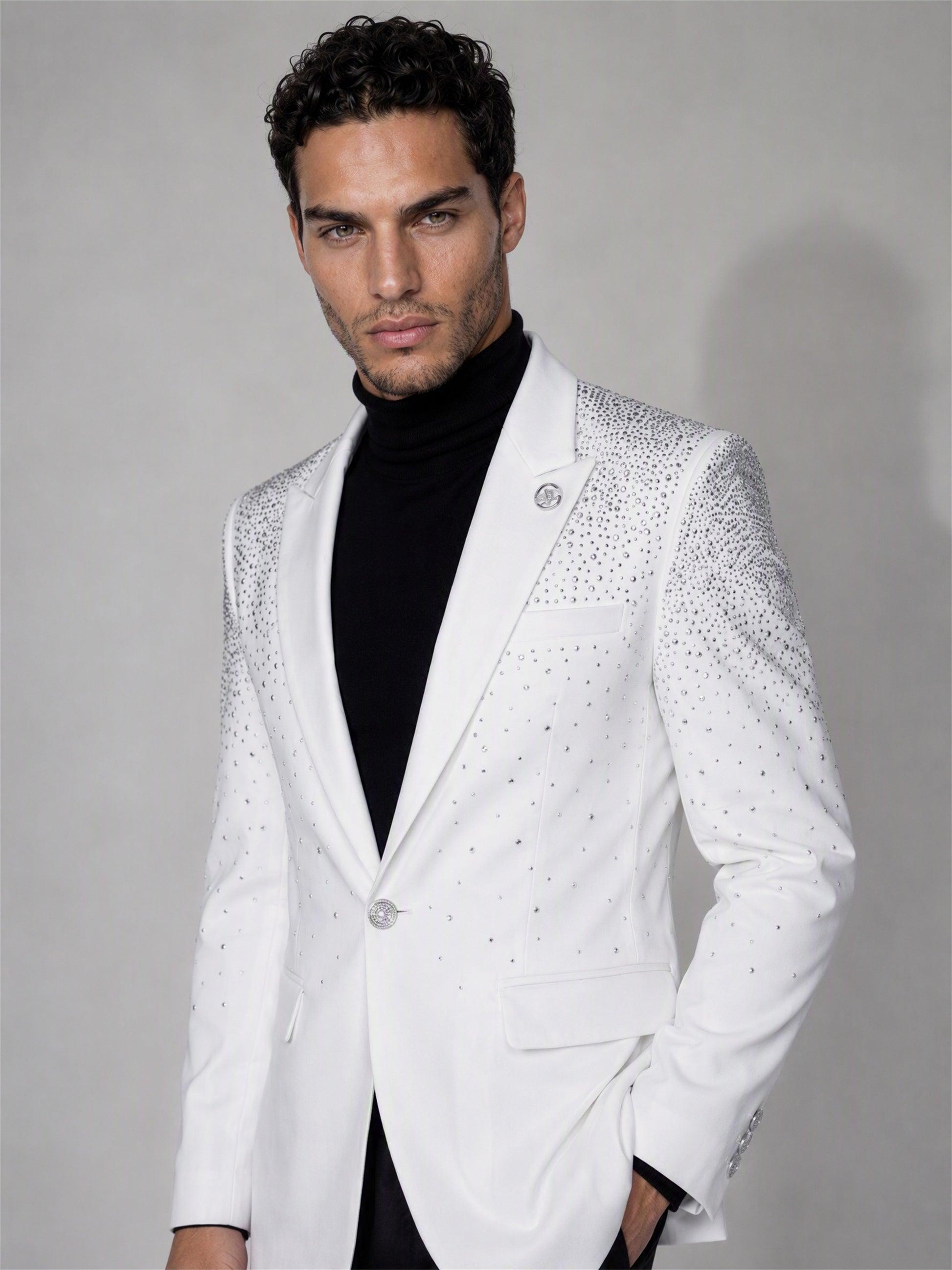 Savile white rhinestone suit – back view showing gradient rhinestone detail