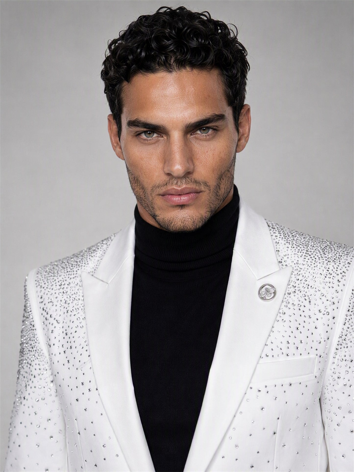 Savile white rhinestone suit – back view, full length with black trousers