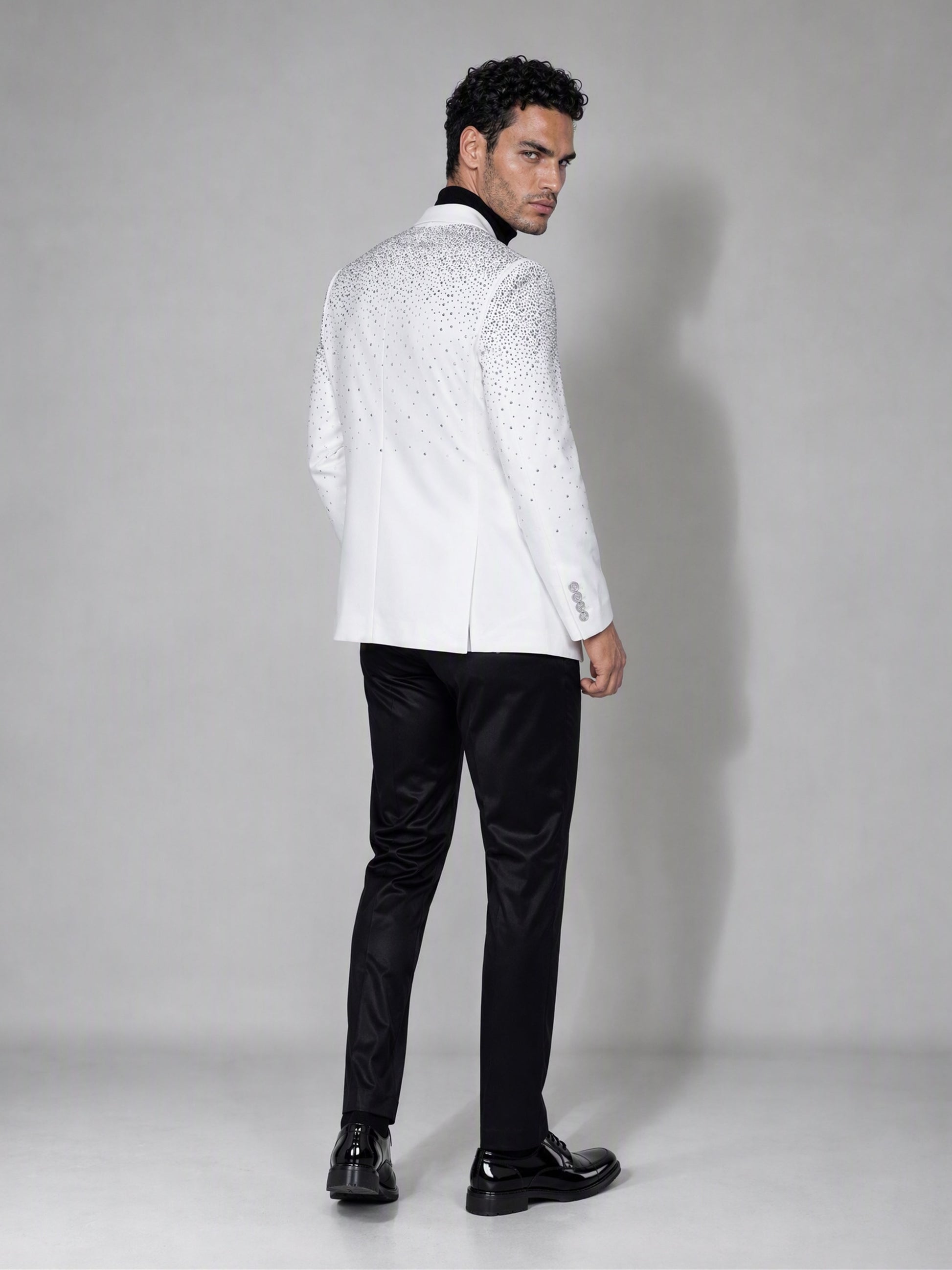 Savile white rhinestone suit – full-length front view, hand in pocket