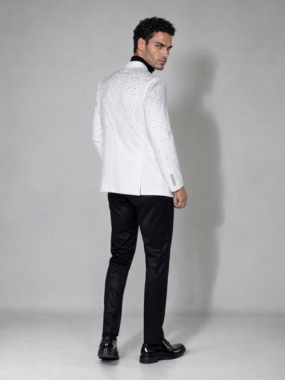Savile white rhinestone suit – full-length front view, hand in pocket