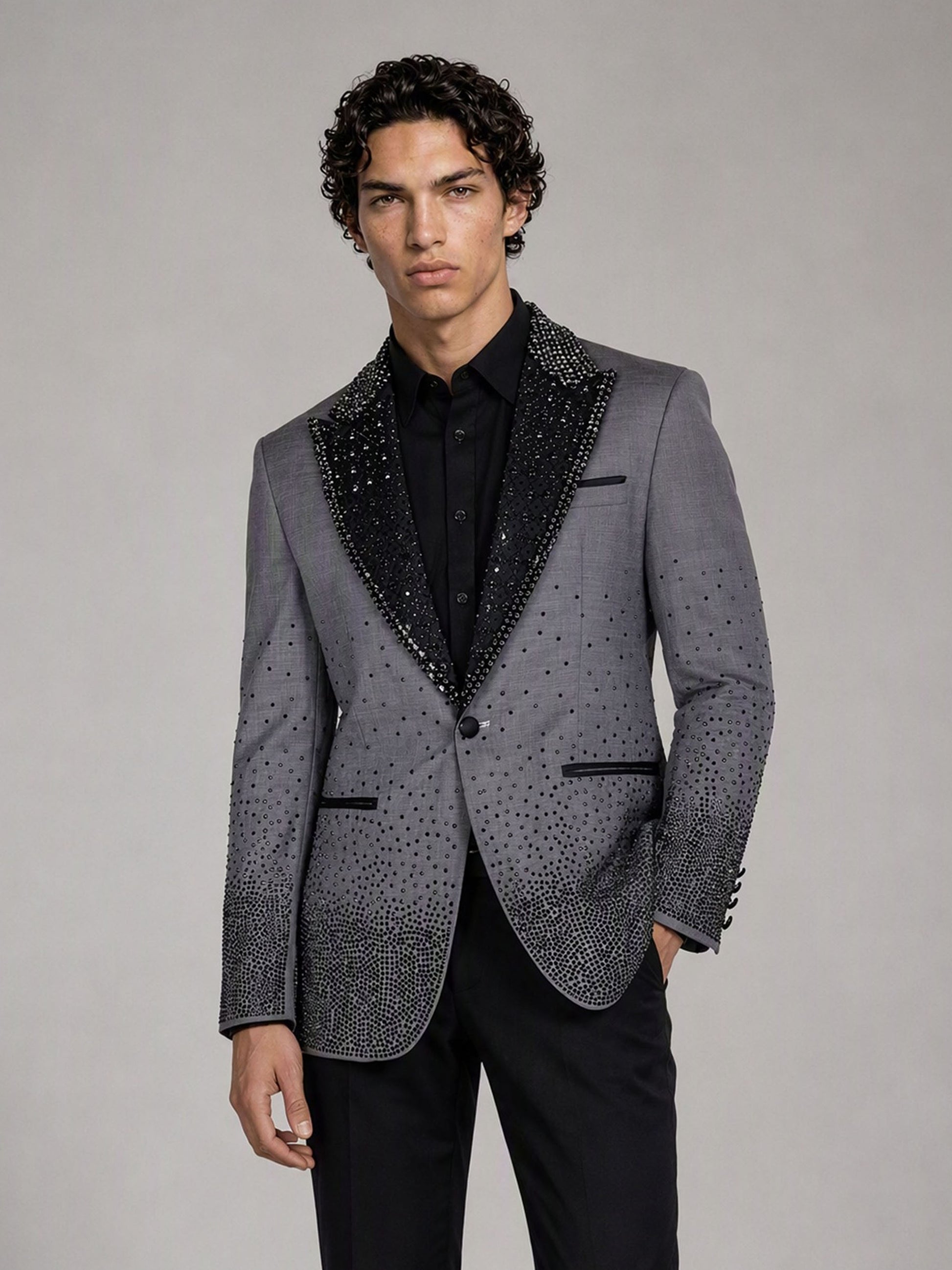 Savile grey rhinestone suit – full-length front view, black shirt and trousers