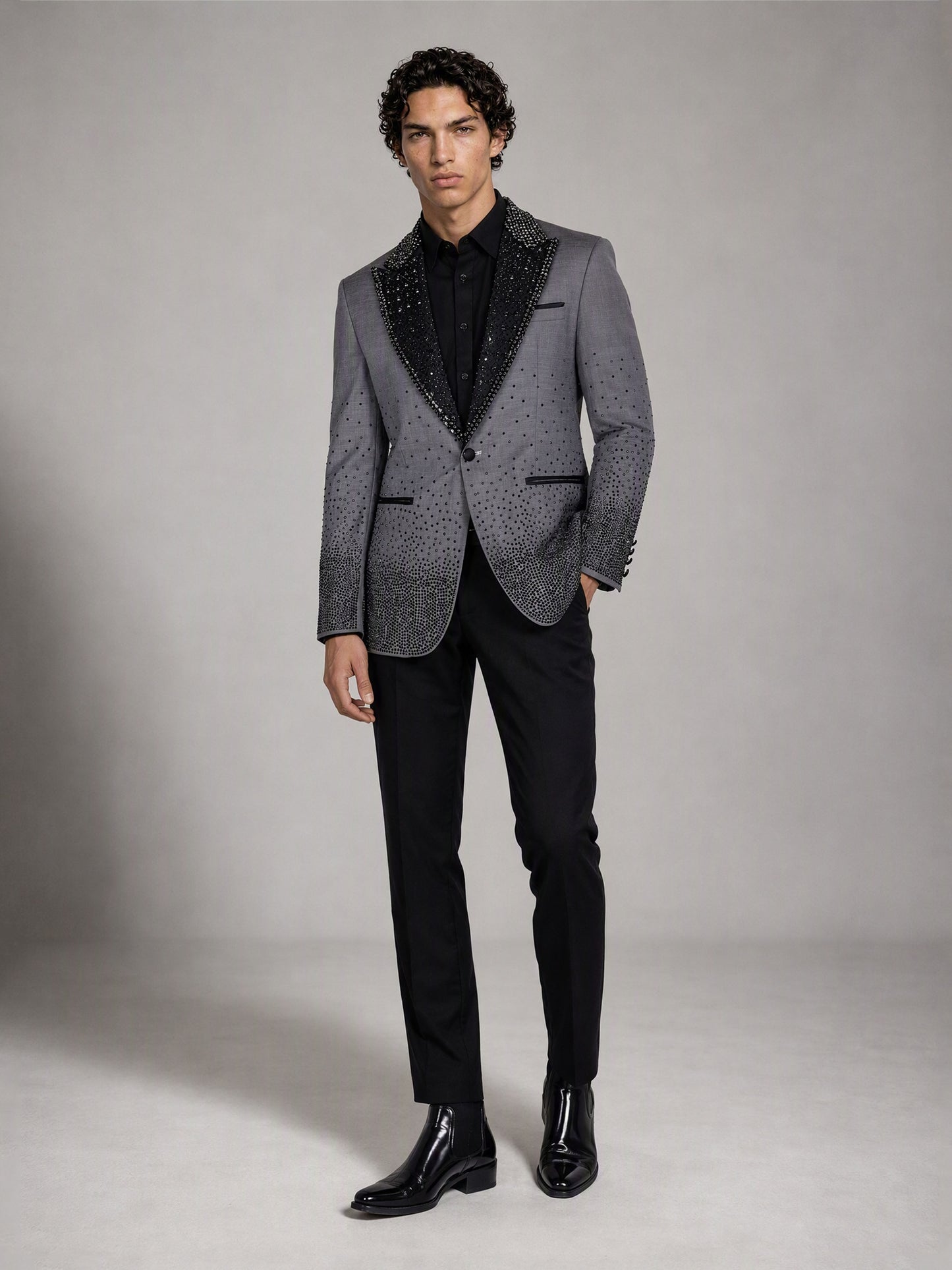 Savile grey rhinestone suit – full-length front view, hand in pocket