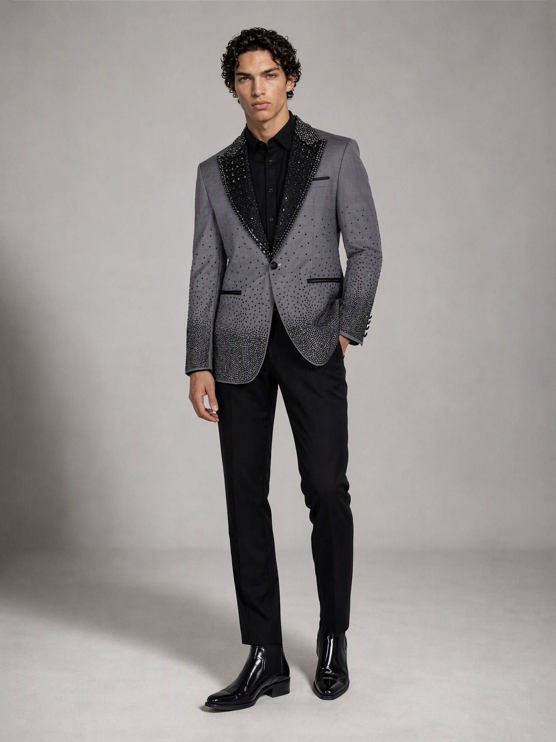 Savile grey rhinestone suit – full-length front view, hand in pocket