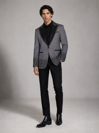 Savile grey rhinestone suit – full-length front view, hand in pocket