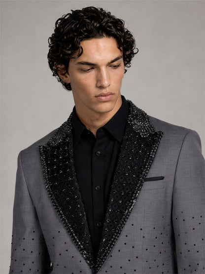 Savile grey rhinestone suit – close-up upper body detail, black crystal peak lapels