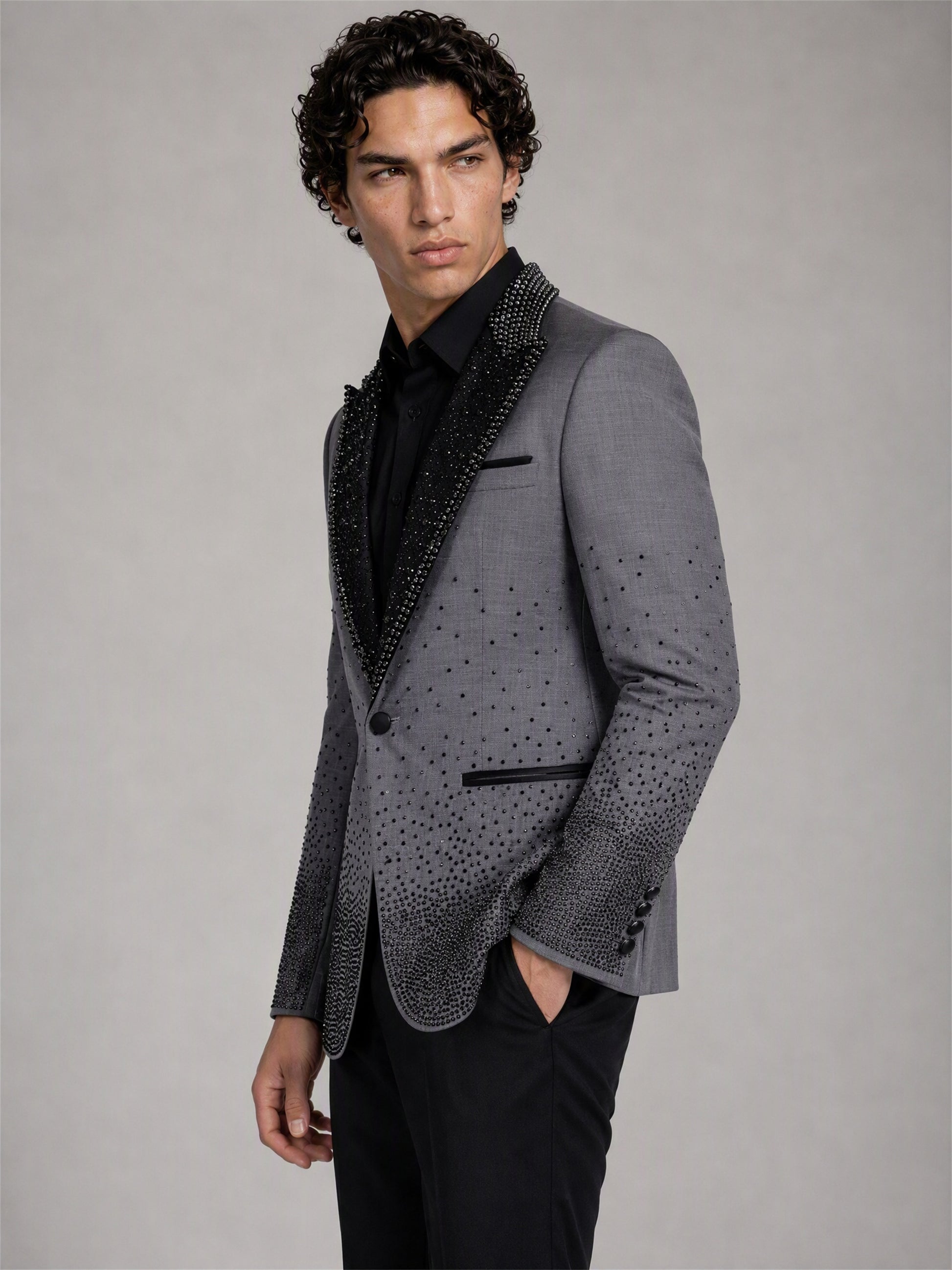 Savile grey rhinestone suit – three-quarter side view showing lapel crystal detail
