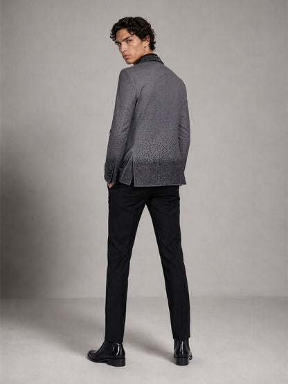 Savile grey rhinestone suit – back view showing inverse gradient rhinestone on hem and cuffs