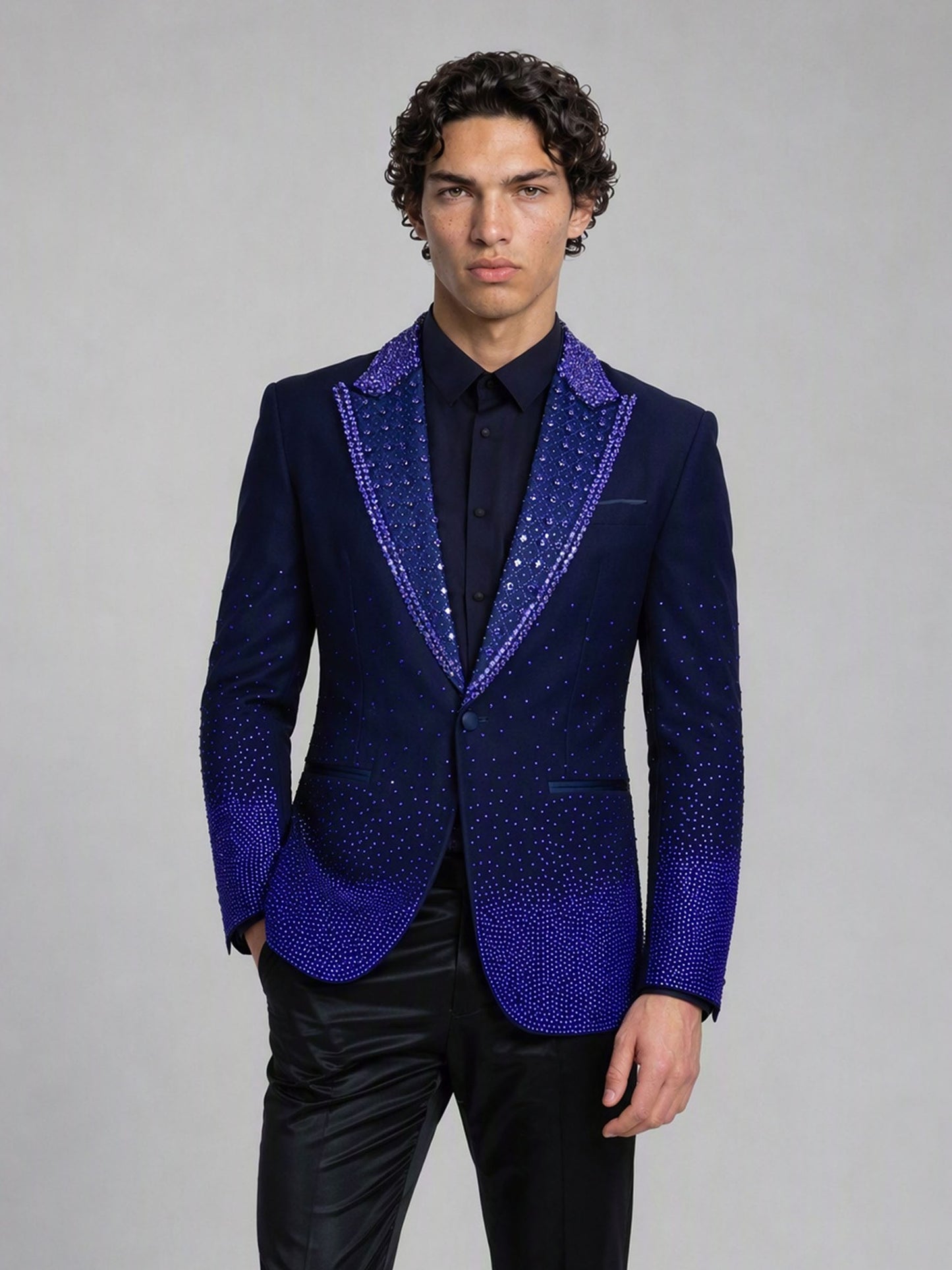 Savile royal blue rhinestone suit – full-length front view, black shirt and satin trousers
