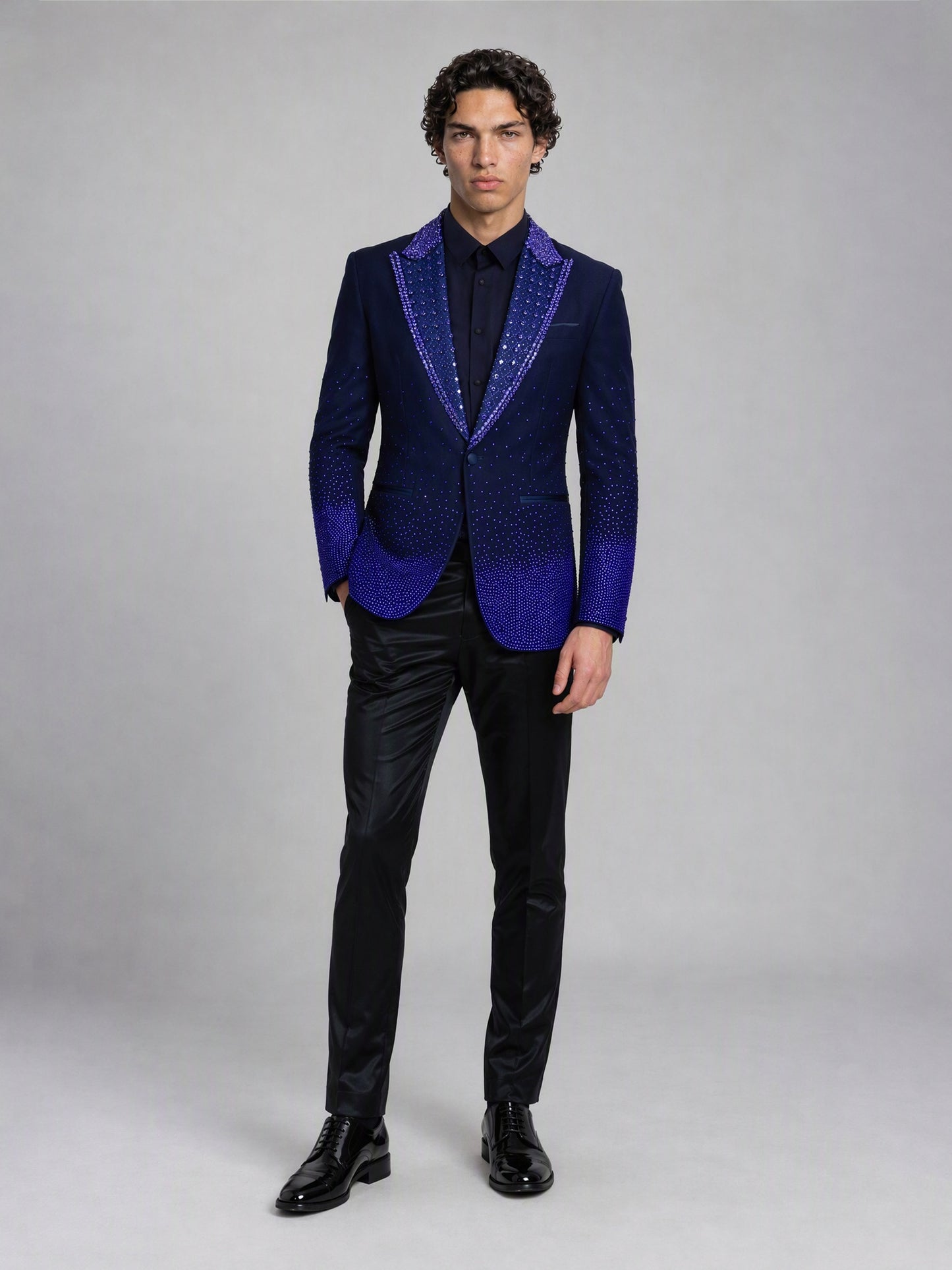 Savile royal blue rhinestone suit – full-length front view, standing straight