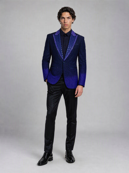 Savile royal blue rhinestone suit – full-length front view, standing straight