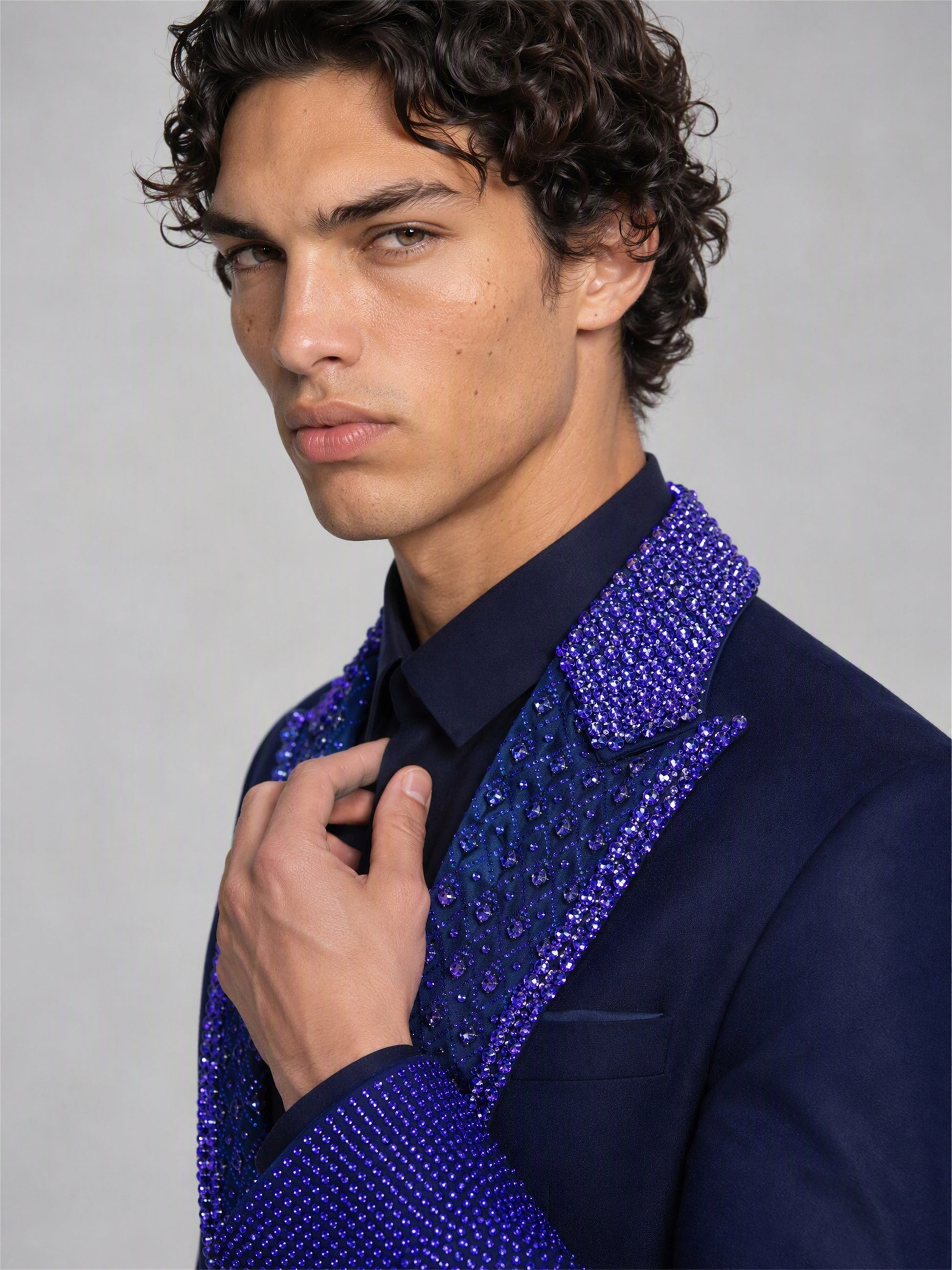 Savile royal blue rhinestone suit – close-up upper body detail, sapphire crystal peak lapels