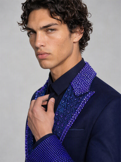 Savile royal blue rhinestone suit – close-up upper body detail, sapphire crystal peak lapels