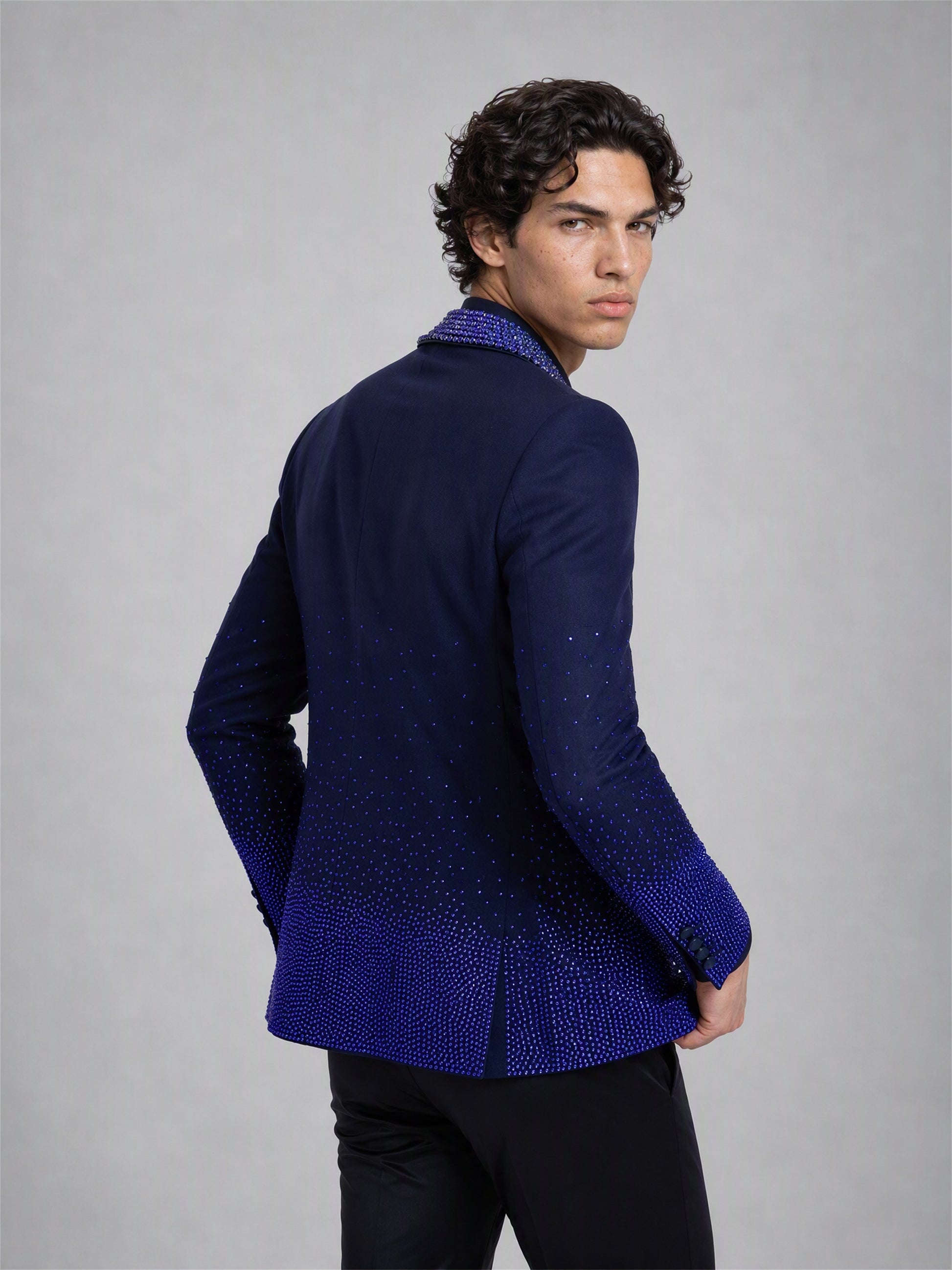 Savile royal blue rhinestone suit – back view showing inverse gradient rhinestone on hem and cuffs