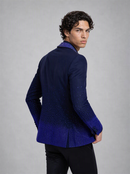Savile royal blue rhinestone suit – back view showing inverse gradient rhinestone on hem and cuffs