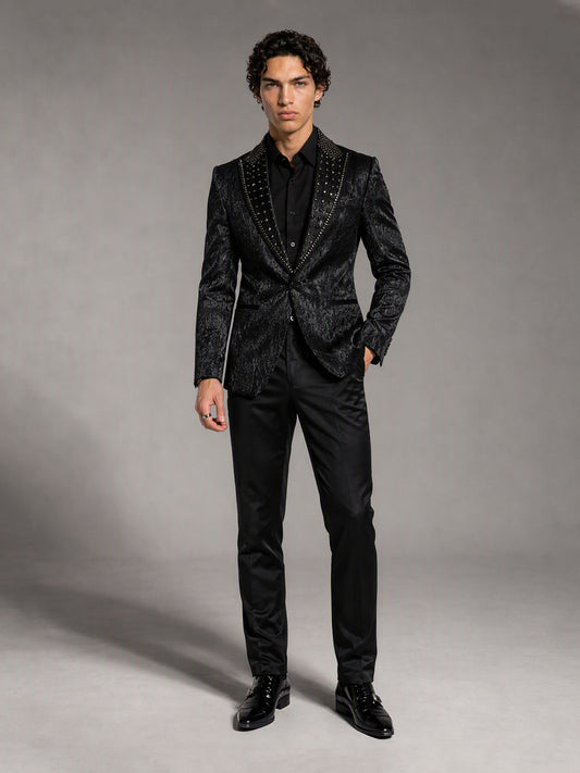 Savile black jacquard rhinestone suit – close-up upper body detail, crystal peak lapels