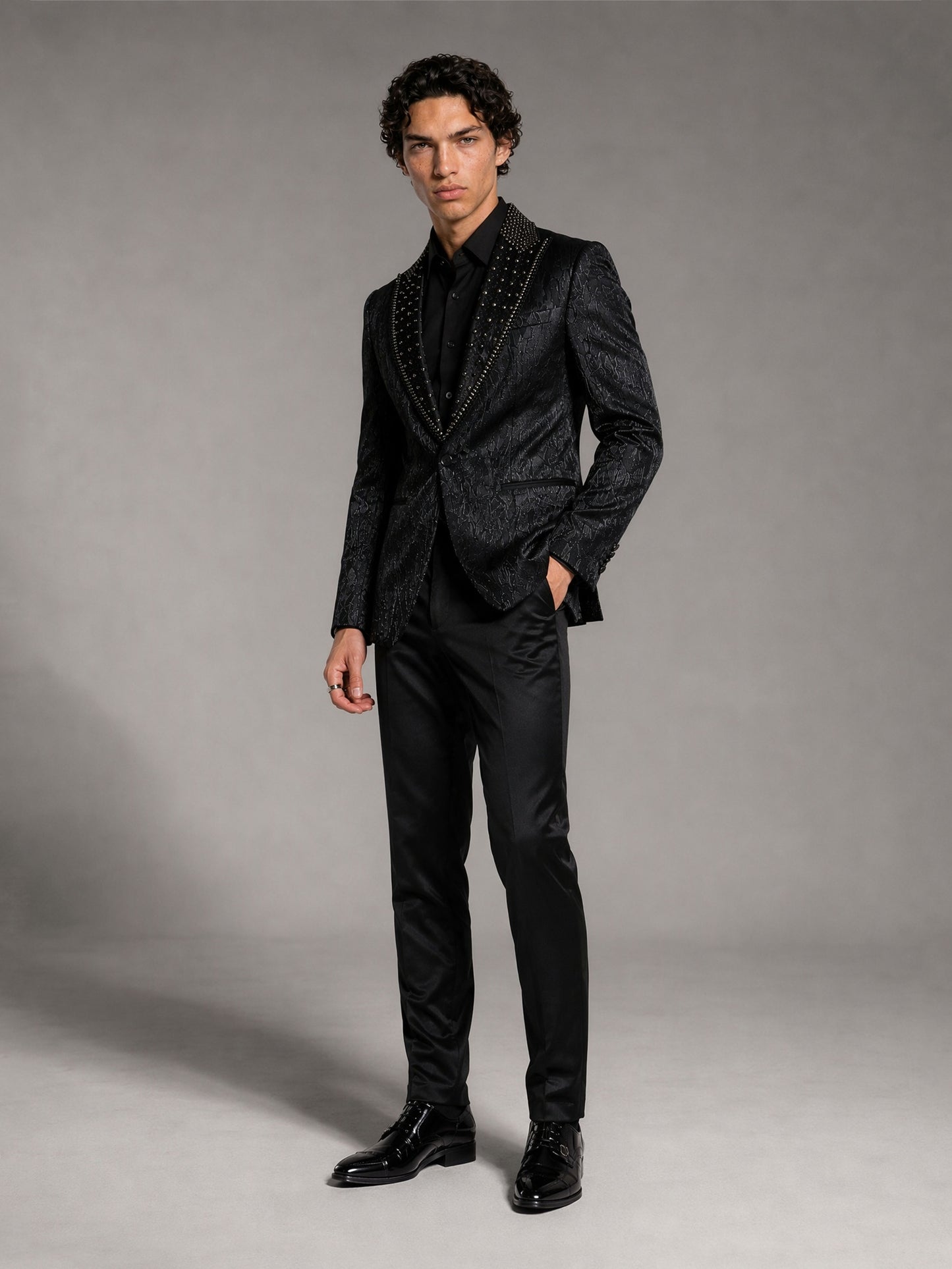 Savile black jacquard rhinestone suit – full-length front view, standing straight