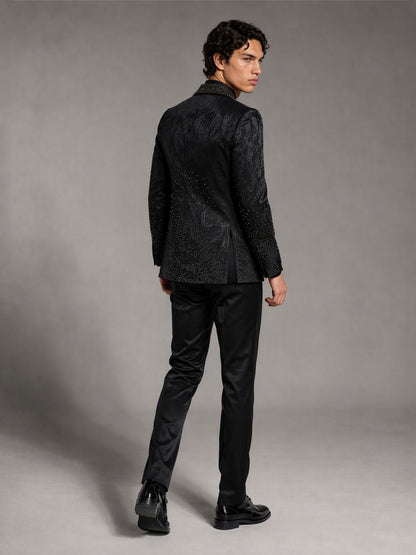 Savile black jacquard rhinestone suit – full-length front view, hand in pocket