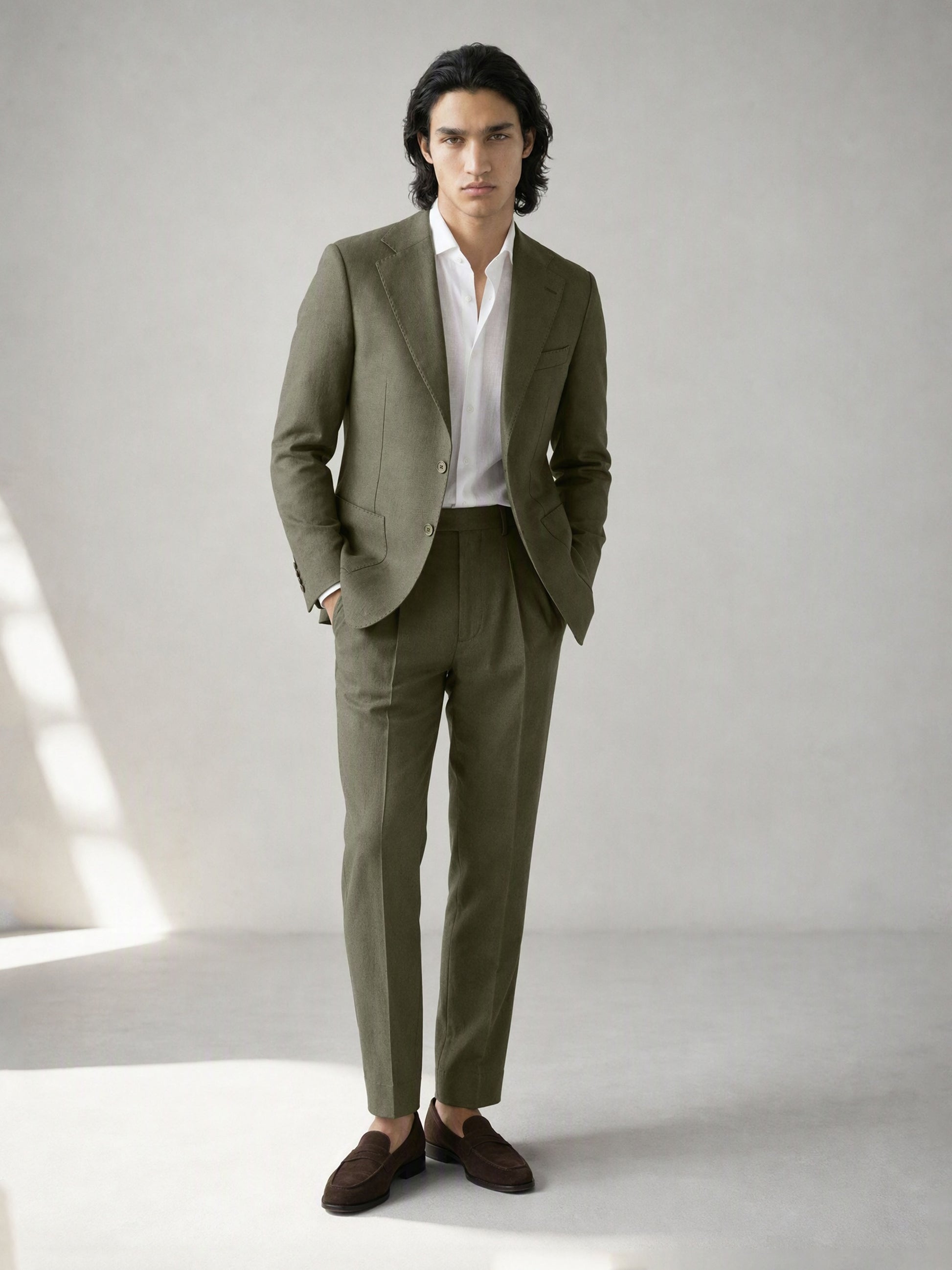Savile olive green linen suit – full-length front view, standing straight in natural light