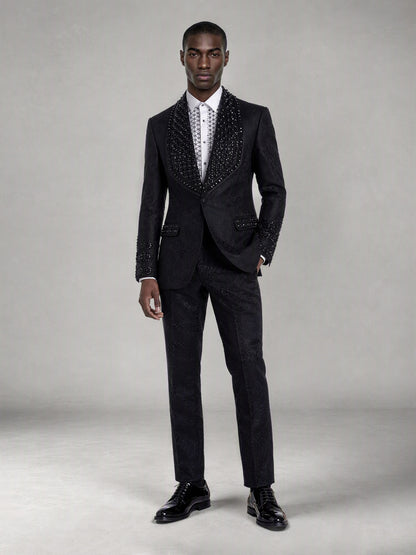 Savile black jacquard crystal shawl lapel suit – close-up upper body, rhinestone lapel and cuff detail