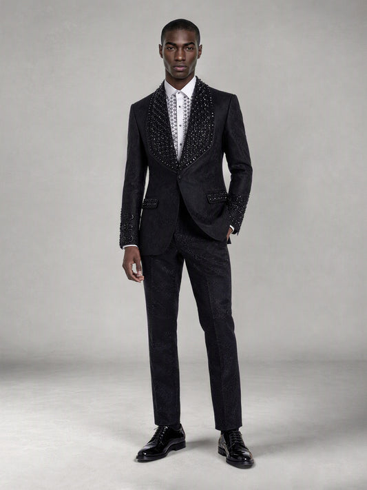 Savile black jacquard crystal shawl lapel suit – close-up upper body, rhinestone lapel and cuff detail