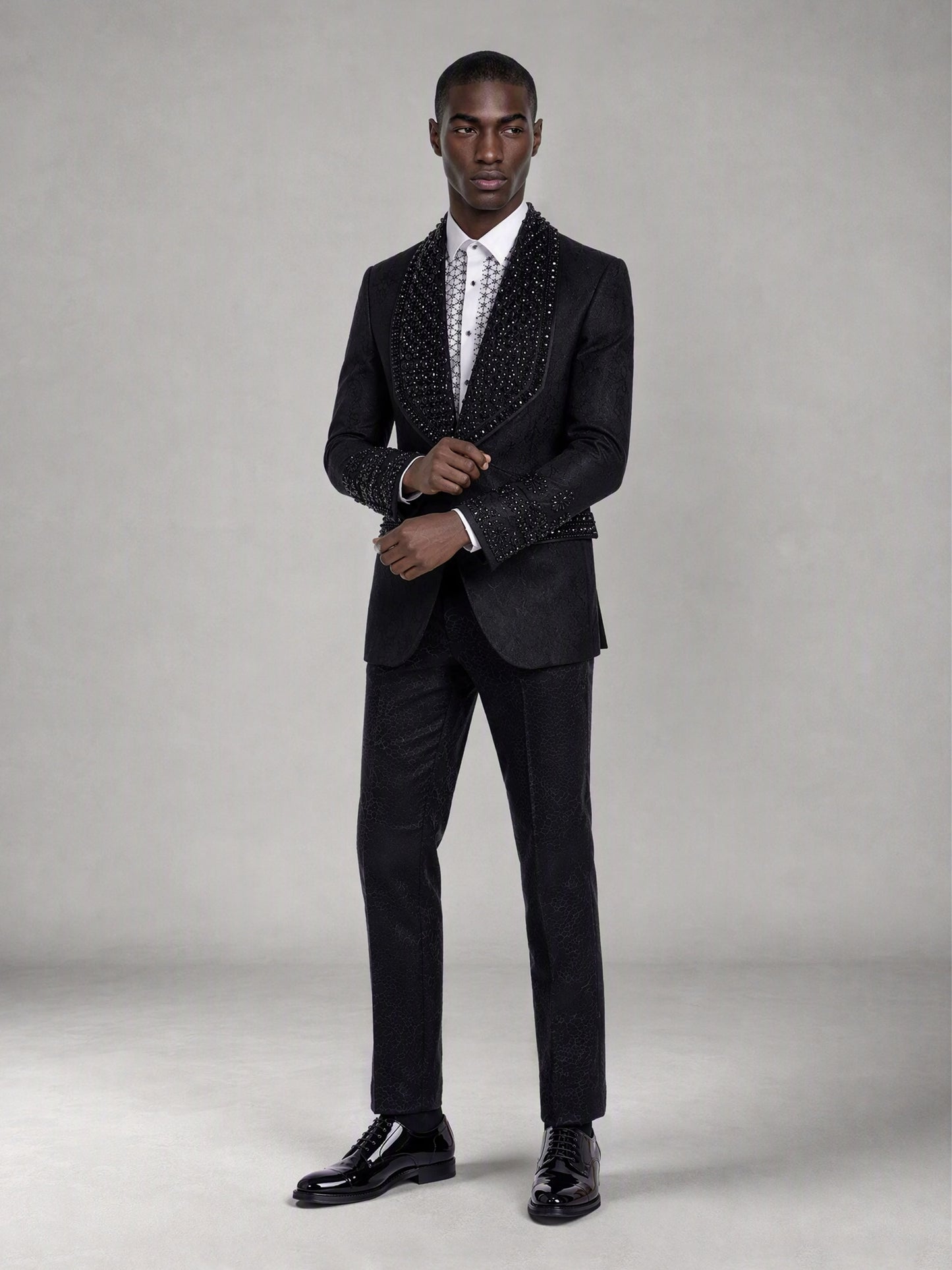 Savile black jacquard crystal shawl lapel suit – full-length front view, standing straight
