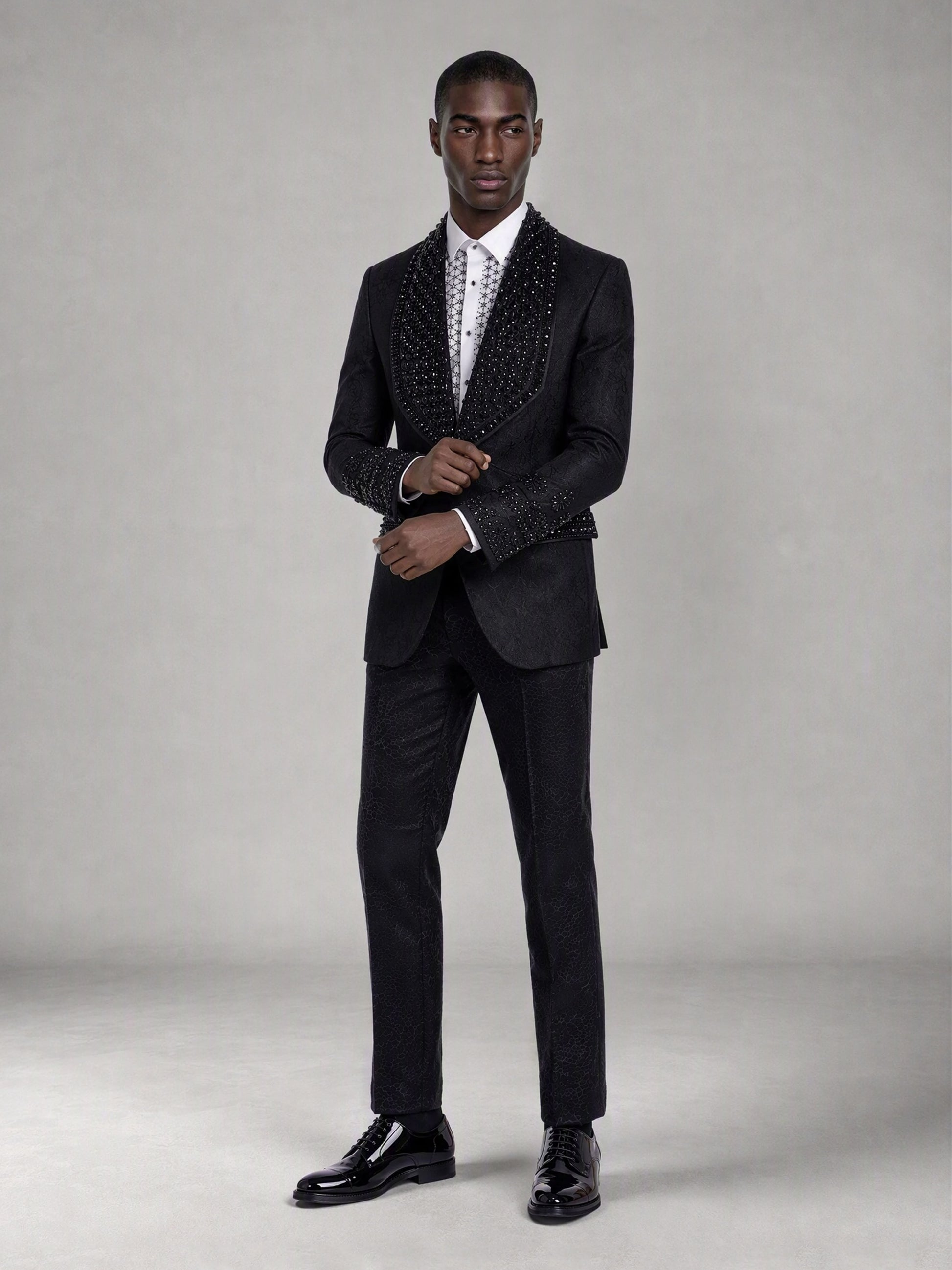 Savile black jacquard crystal shawl lapel suit – full-length front view, standing straight
