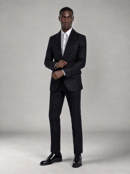 Savile black jacquard crystal shawl lapel suit – full-length front view, standing straight