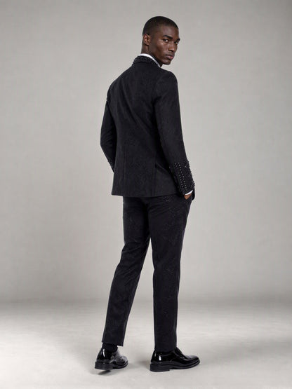 Savile black jacquard crystal shawl lapel suit – back view showing rhinestone cuffs and jacquard trousers