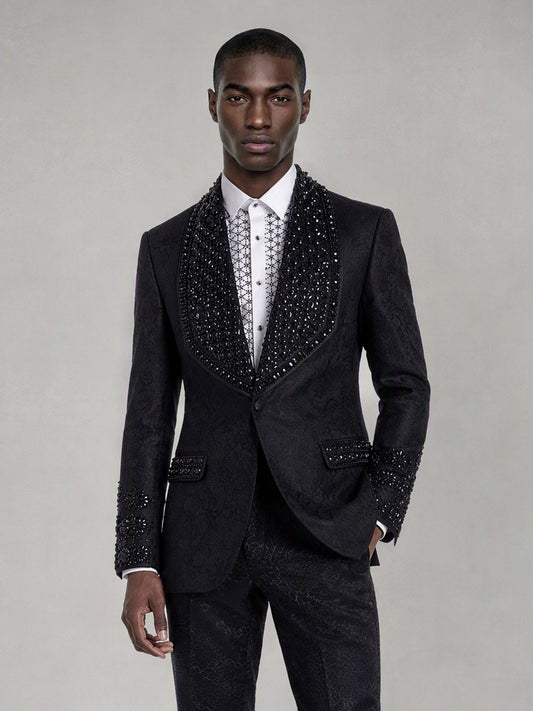 Savile black jacquard crystal shawl lapel suit – full-length walking side profile
