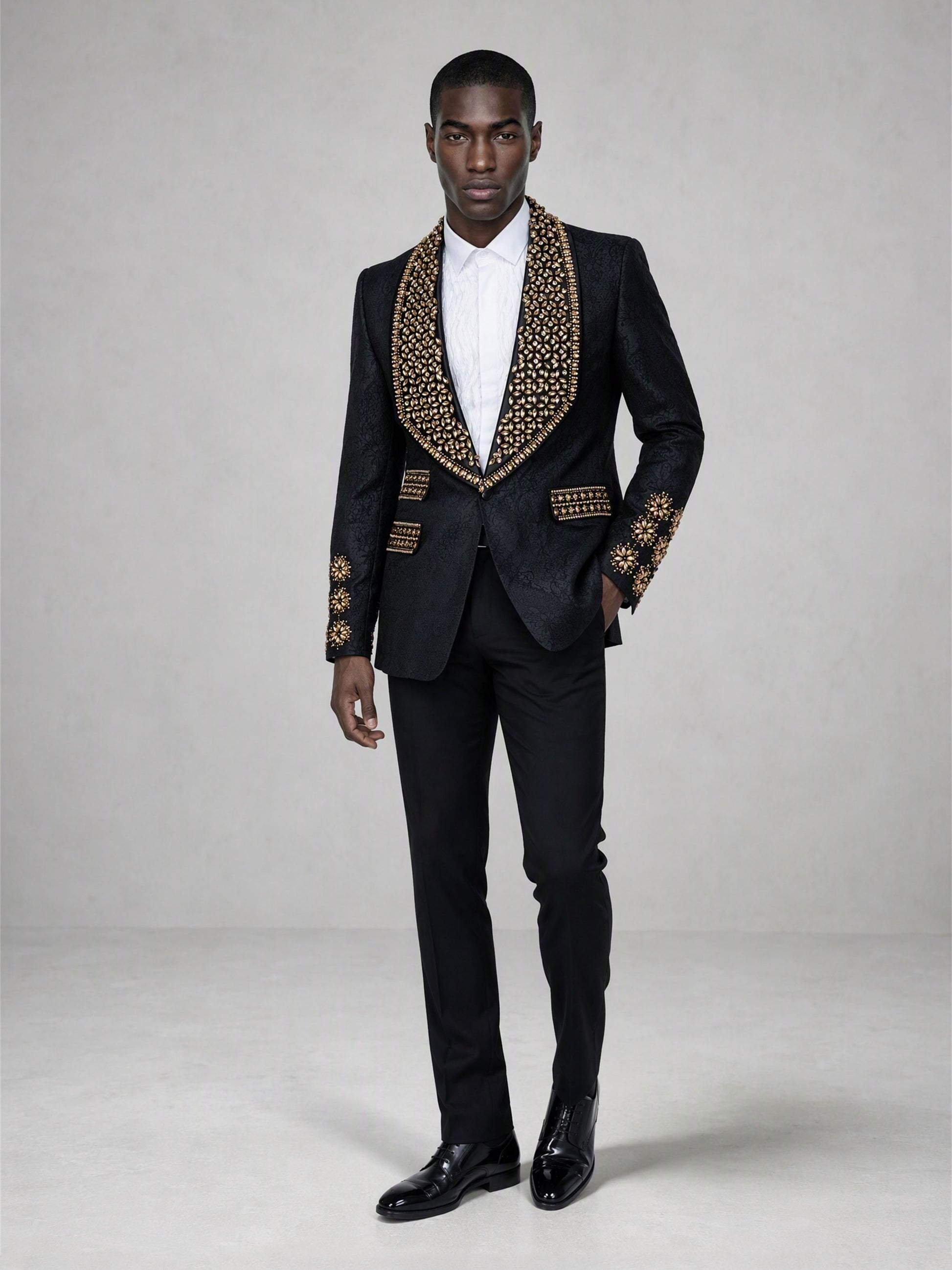 Savile black jacquard gold crystal suit – full-length front view, hands in pockets