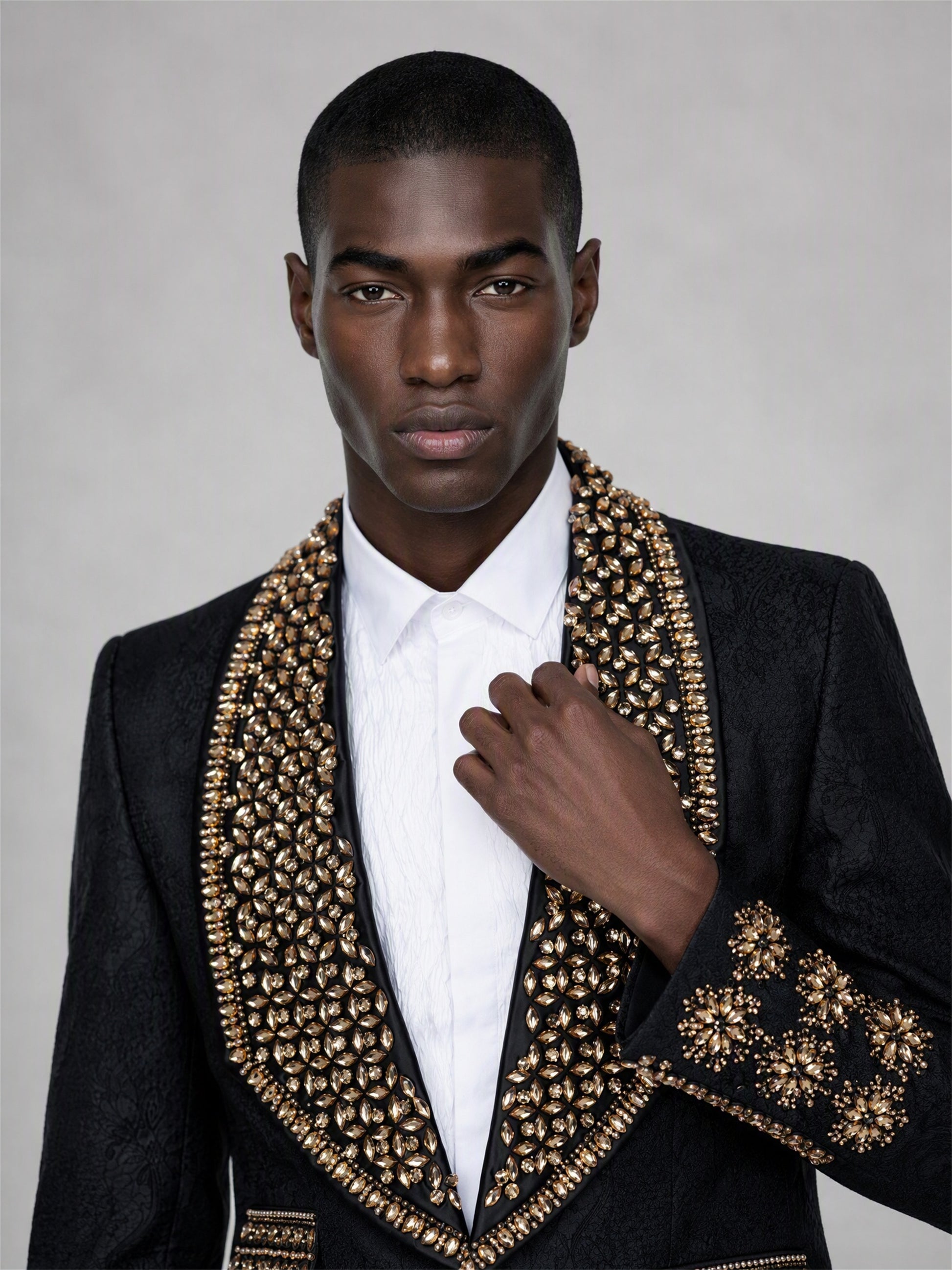 Savile black jacquard gold crystal suit – full-length walking shot, side profile