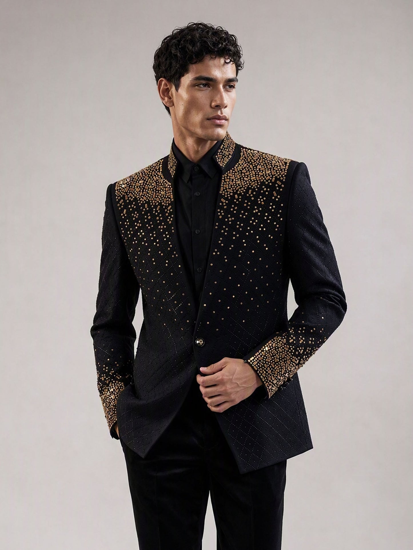 Savile black gold gradient crystal suit – full-length front view, standing straight showing full gradient effect
