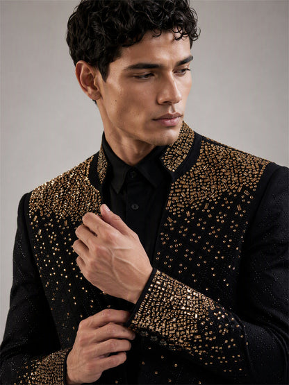 Savile black gold gradient crystal suit – close-up upper body detail, mixed-cut gold crystals on cuffs and lapel trim