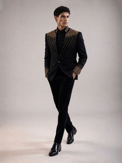 Savile black gold gradient crystal suit – full-length walking shot, side profile showing silhouette and crystal detail
