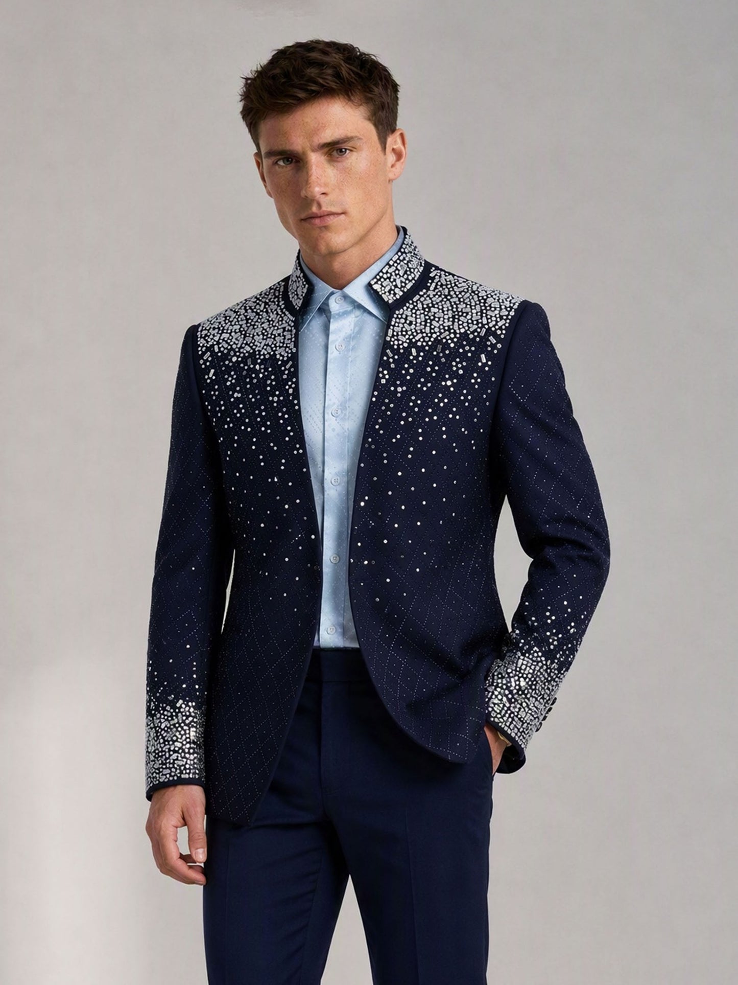 Savile navy blue silver crystal suit – close-up upper body, mixed-cut silver crystals on collar, shoulder and cuff detail